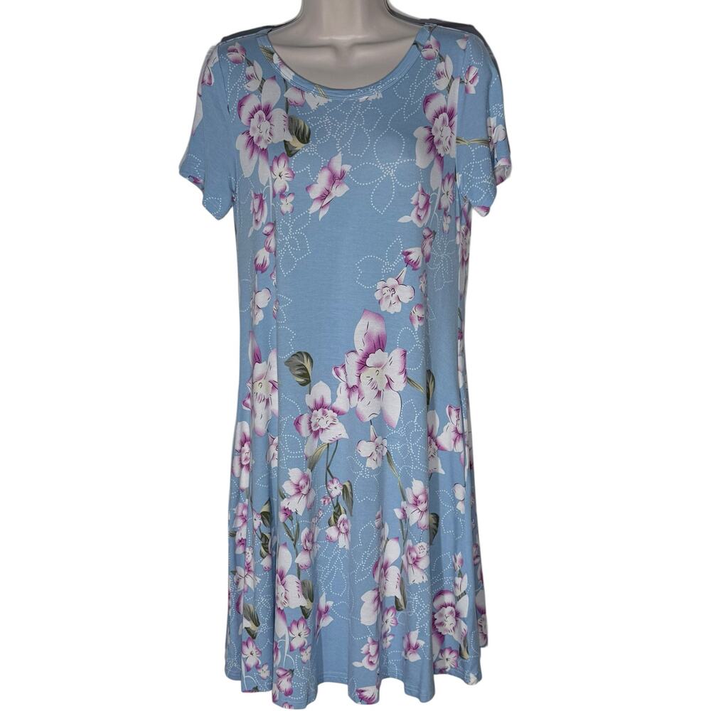 Korsis Light Blue with Pink / White Floral T-Shirt Dress, Women's Size M